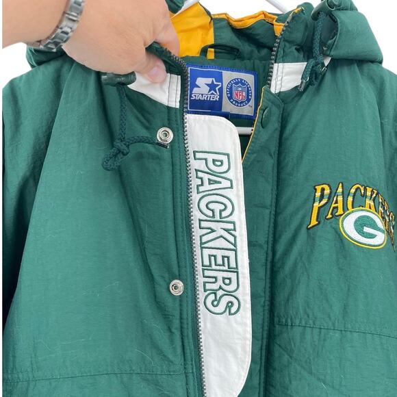 NEW Green Bay Packers NFL Starter Jacket Coat Green Yellow Hooded Pockets Men M - Picture 3 of 11
